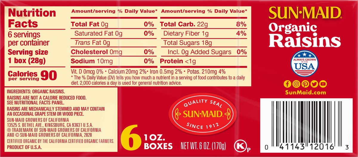 slide 8 of 12, Sun-Maid Organic Raisins, 6 ct; 1 oz