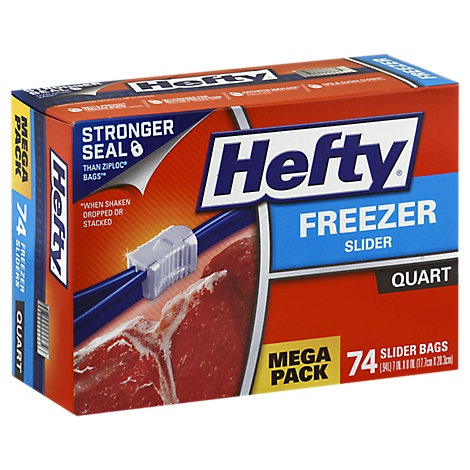 slide 1 of 1, Hefty Storage Slider Bags Freezer Quart Mega Pack, 74 ct