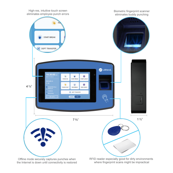 slide 5 of 8, Uattend Biometric Fingerprint Touch Nx2500 Tablet Time Clock With Fingerprint Scan, Rfid And Pin Punch Options, Unlimited Employees, 2.75""H X 11""W X 6.5""D, 1 ct
