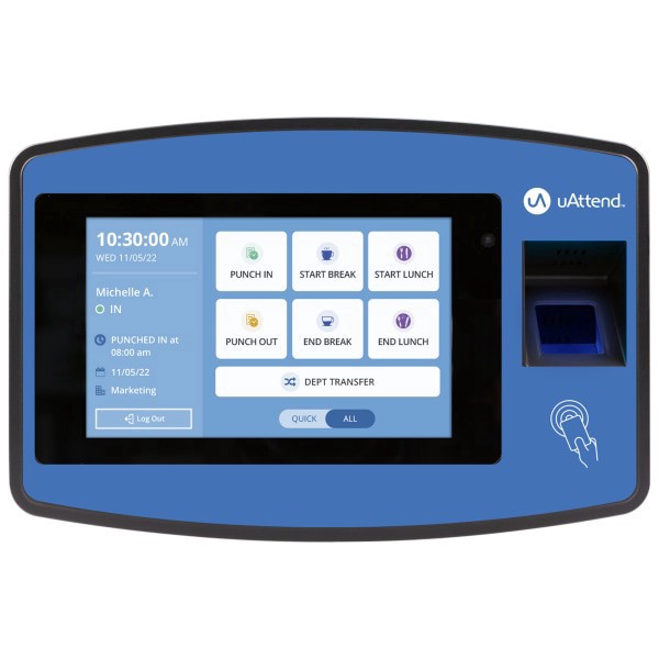 slide 1 of 8, Uattend Biometric Fingerprint Touch Nx2500 Tablet Time Clock With Fingerprint Scan, Rfid And Pin Punch Options, Unlimited Employees, 2.75""H X 11""W X 6.5""D, 1 ct