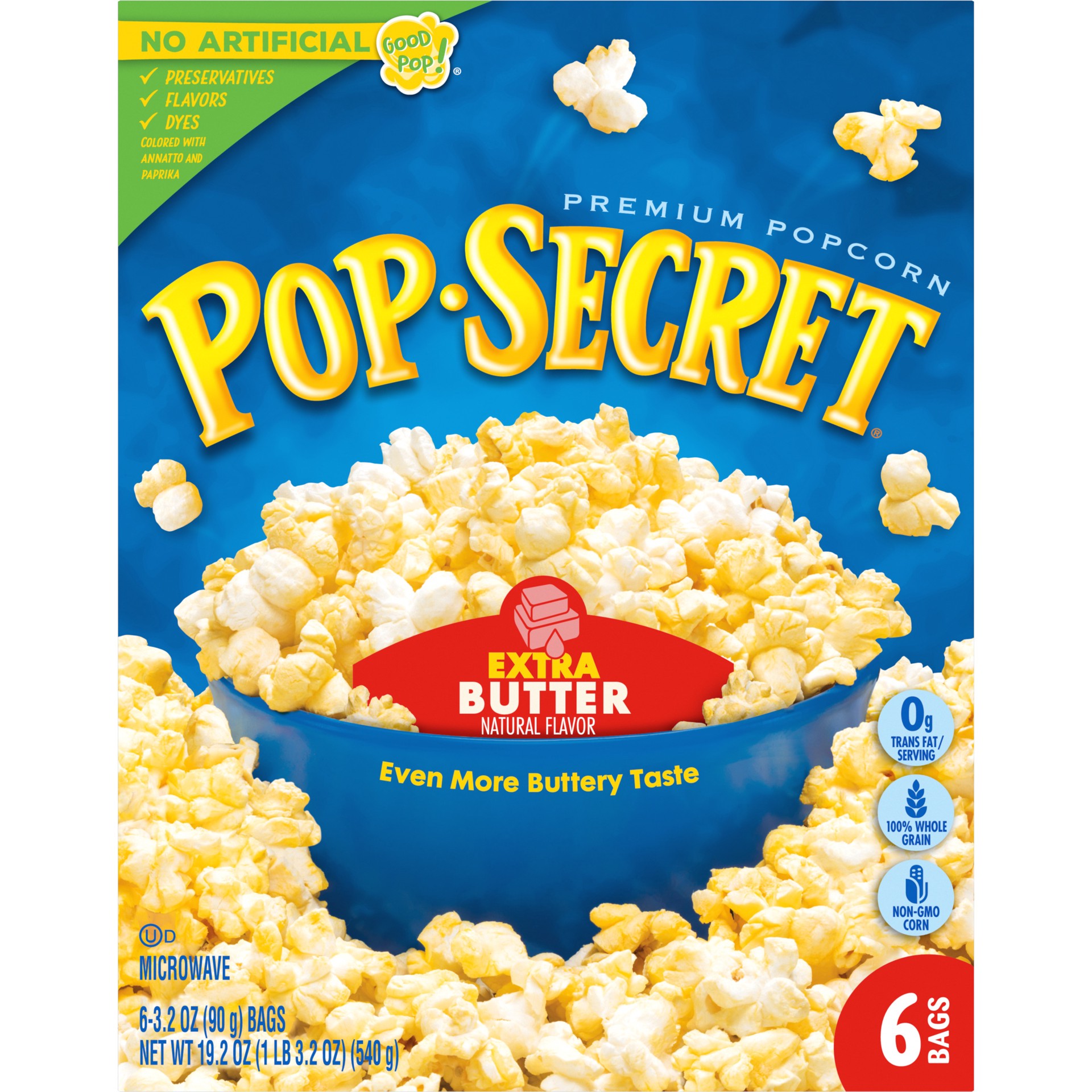 slide 3 of 5, Pop-Secret Microwave Popcorn, Extra Butter Flavor, 3.2 Oz Sharing Bags, 6 Ct, 19.2 oz