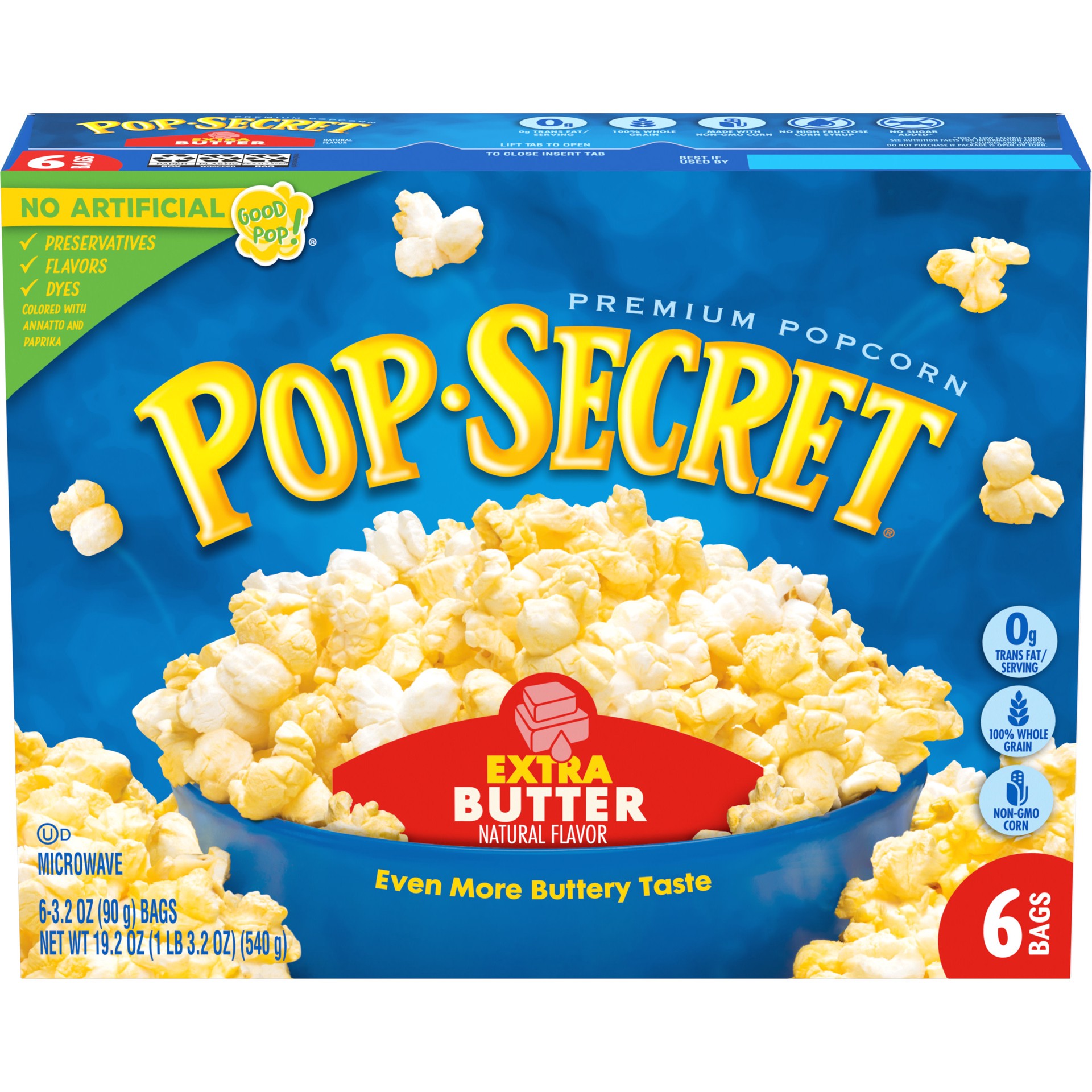 slide 1 of 5, Pop-Secret Microwave Popcorn, Extra Butter Flavor, 3.2 Oz Sharing Bags, 6 Ct, 19.2 oz