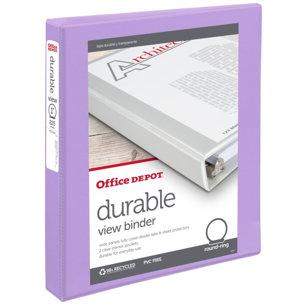 slide 1 of 1, Office Depot Brand Durable View Round-Ring Binder, 1'' Rings, Lavender, 1 in