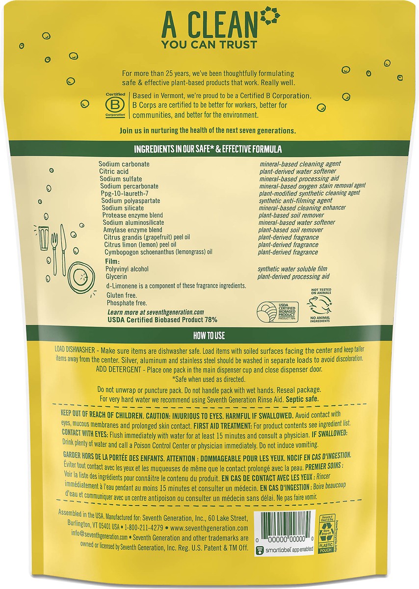 slide 3 of 3, Seventh Generation Dishwasher Detergent Packs Lemon scent, 20 count, 20 ct