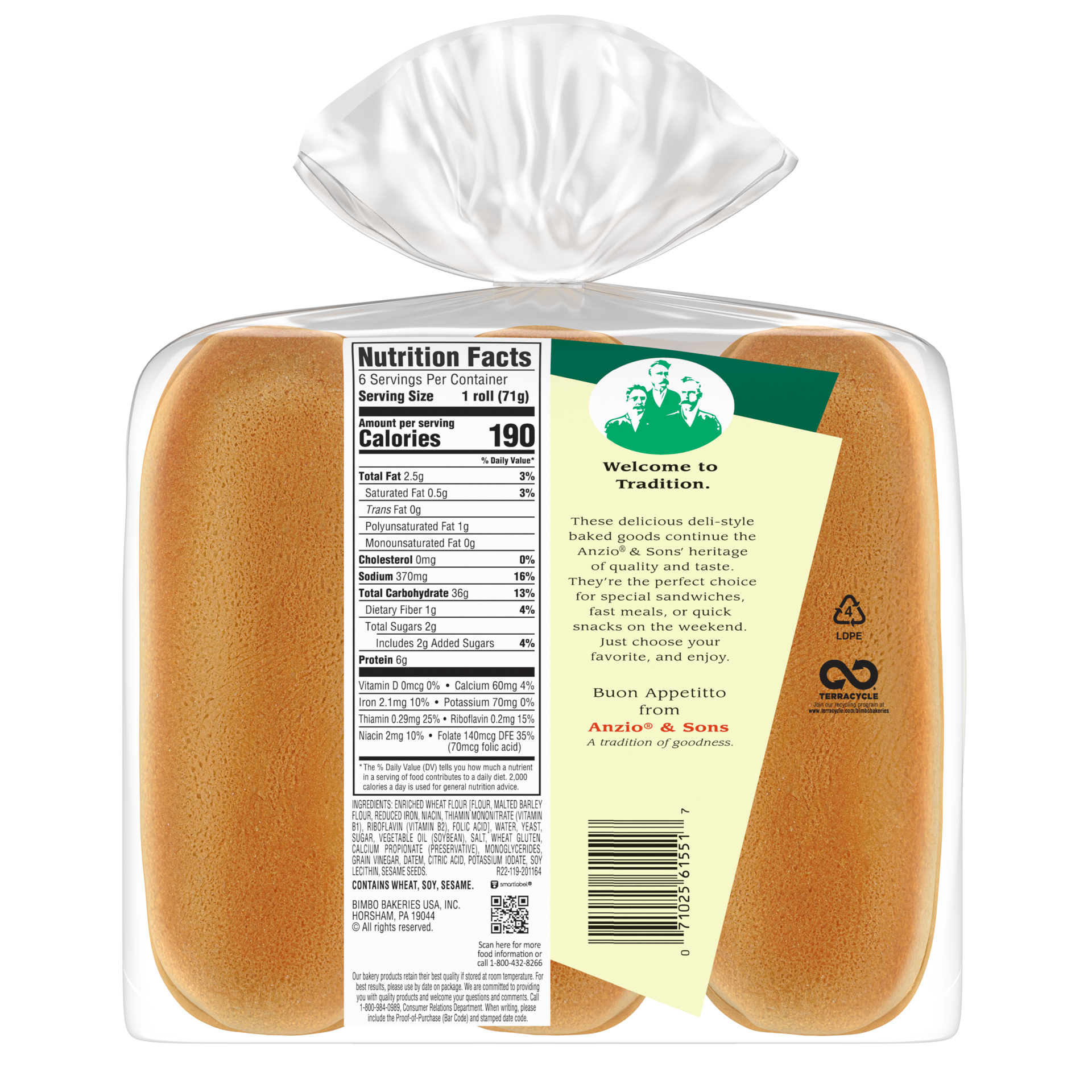 slide 4 of 5, Anzio & Sons Bakery Anzio & Sons White Sub Rolls, 6 count, 15 oz, 6 ct