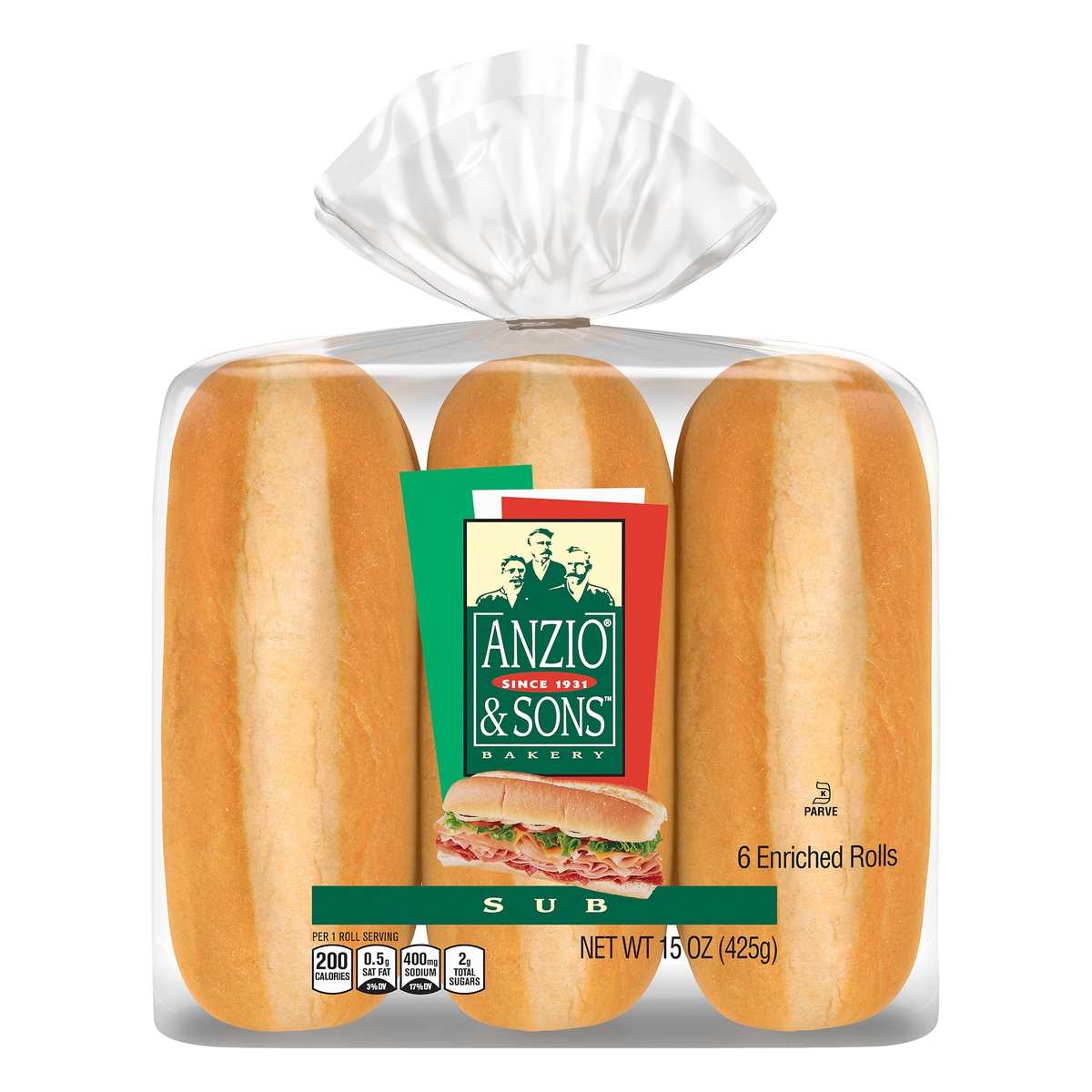 slide 1 of 1, Anzio & Sons Sub Rolls, 6 count, 15 oz, 