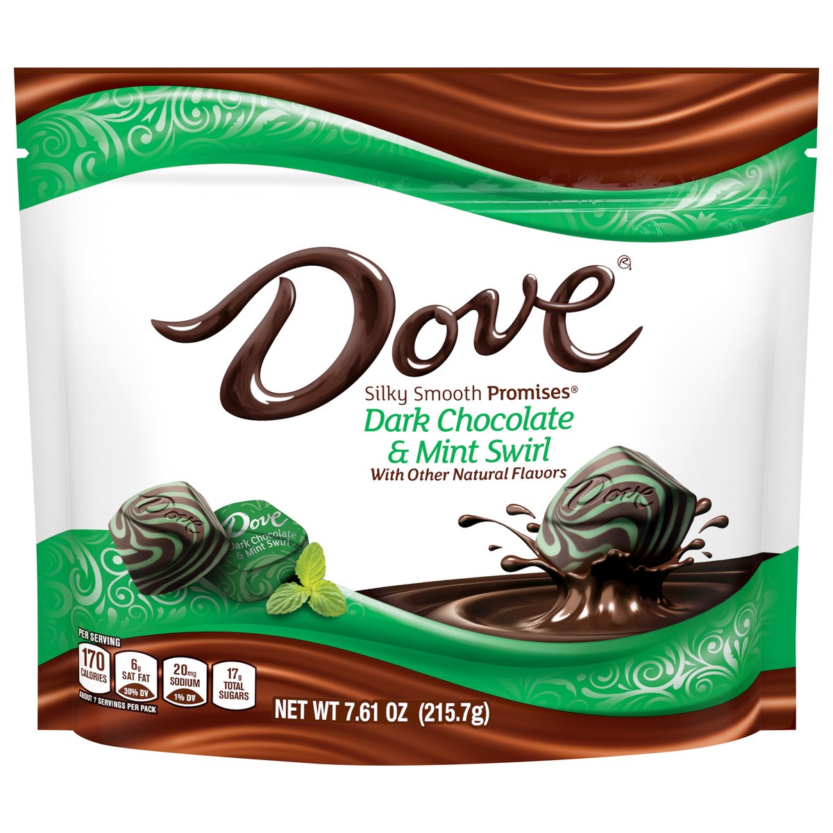 slide 1 of 8, DOVE PROMISES, Dark Chocolate Mint Swirl Candy, 7.61 Oz Bag, 7.61 oz
