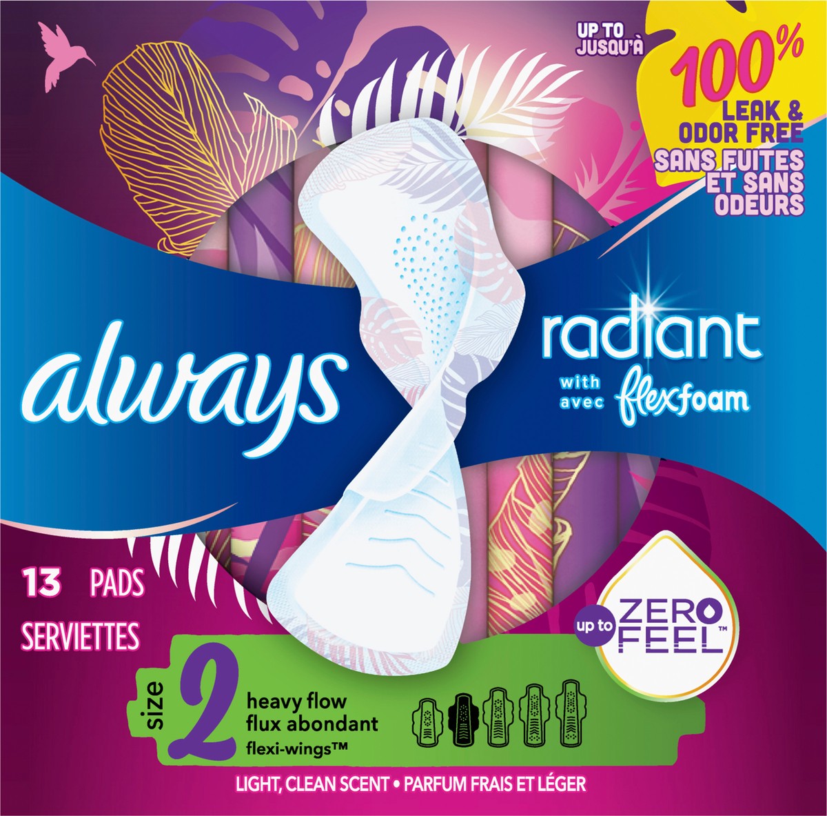 slide 2 of 2, Always Radiant Feminine Pads for Women, Size 2 Heavy, with Wings, Scented, 13 CT, 13 ct