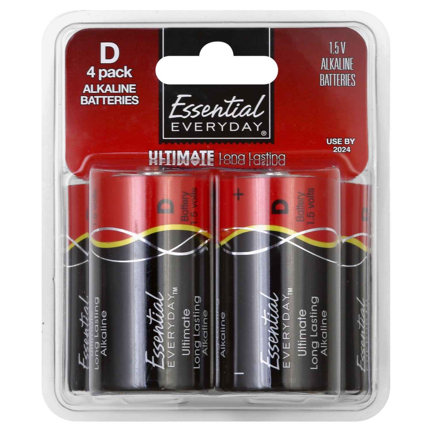 slide 1 of 1, Essential Everyday Batteries, Alkaline, D, 4 Pack, 4 ct