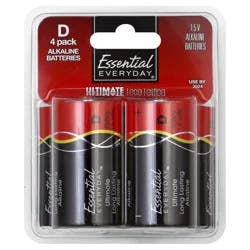 Essential Everyday Batteries, Alkaline, D, 4 Pack