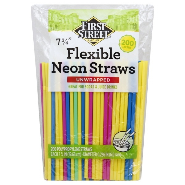 slide 1 of 6, First Street Neon Flex Straws, 200 ct