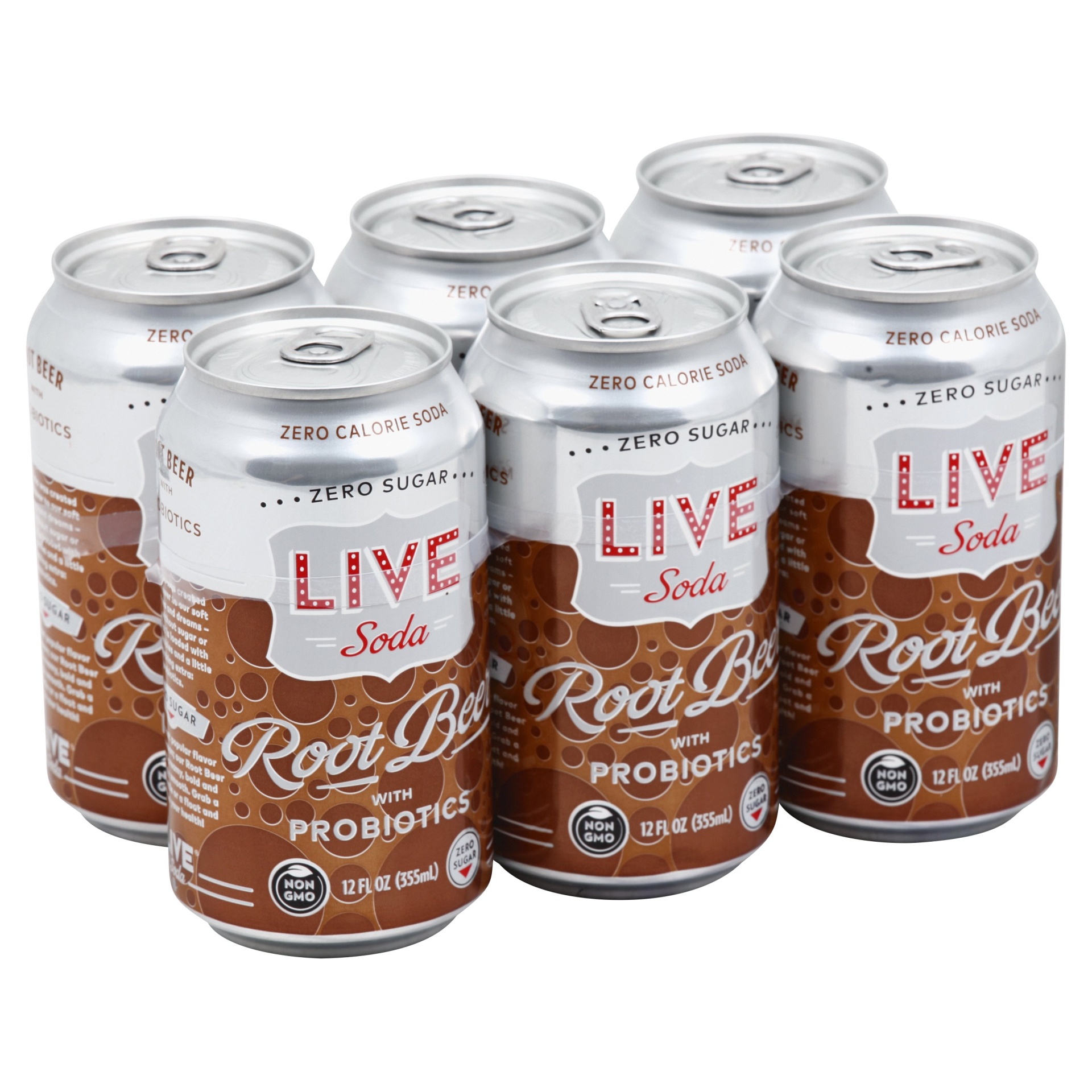 slide 1 of 1, LIVE Soda Root Beer with Probiotics Zero Sugar, 6 ct; 12 fl oz