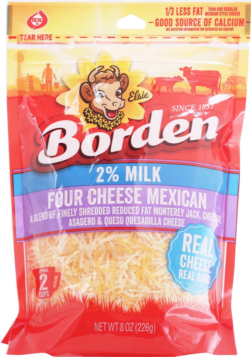 slide 3 of 12, Borden 2% Milk Four Cheese Mexican Shredded Cheese 8 oz, 8 oz