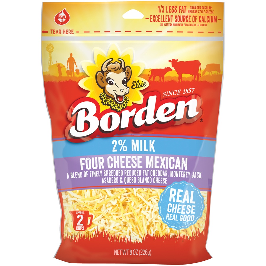 slide 1 of 2, Borden 2% 4 Cheese Mexican Fine Shredded, 8 oz