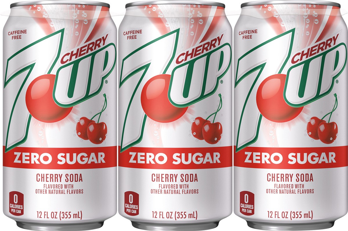 slide 4 of 8, 7UP Cherry Zero Sugar Soda, 12 fl oz cans, 6 pack, 6 ct