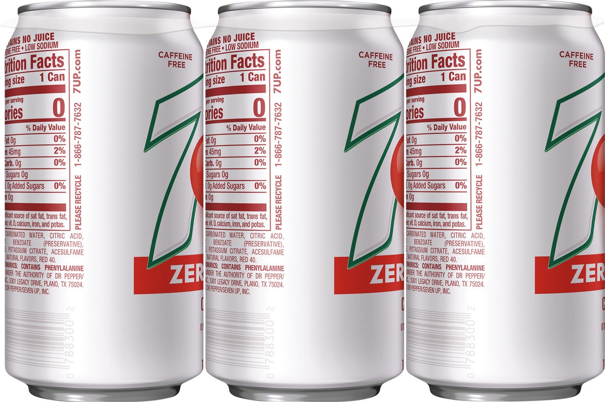 slide 6 of 8, 7UP Cherry Zero Sugar Soda, 12 fl oz cans, 6 pack, 6 ct