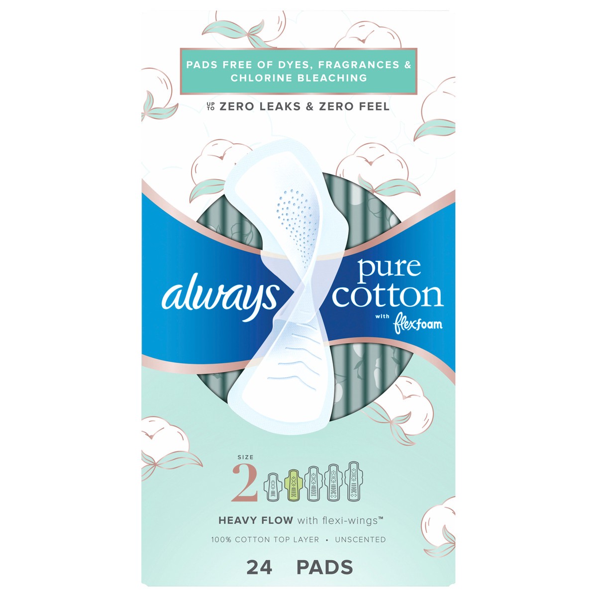 slide 1 of 6, Always Pure Cotton Feminine Pads for Women, Size 2, Heavy, with wings, unscented, 24 CT, 24 ct