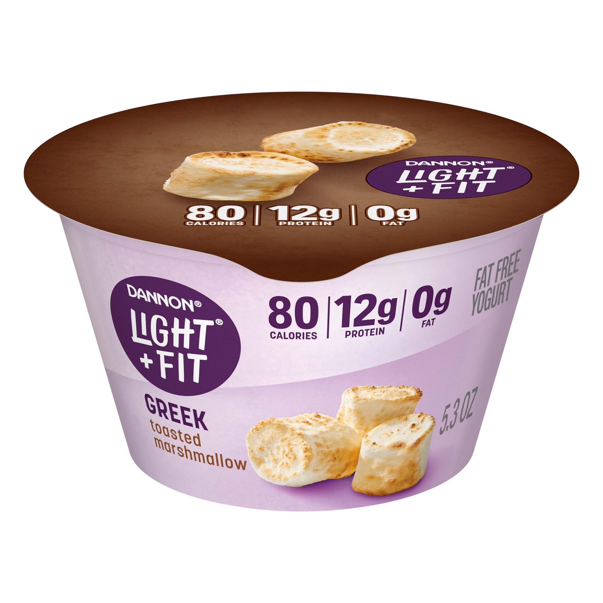 slide 1 of 5, Light + Fit Dannon Light + Fit Toasted Marshmallow Greek Nonfat Yogurt, Creamy and Delicious Gluten Free Yogurt, 5.3 OZ Yogurt Cup, 5.3 oz