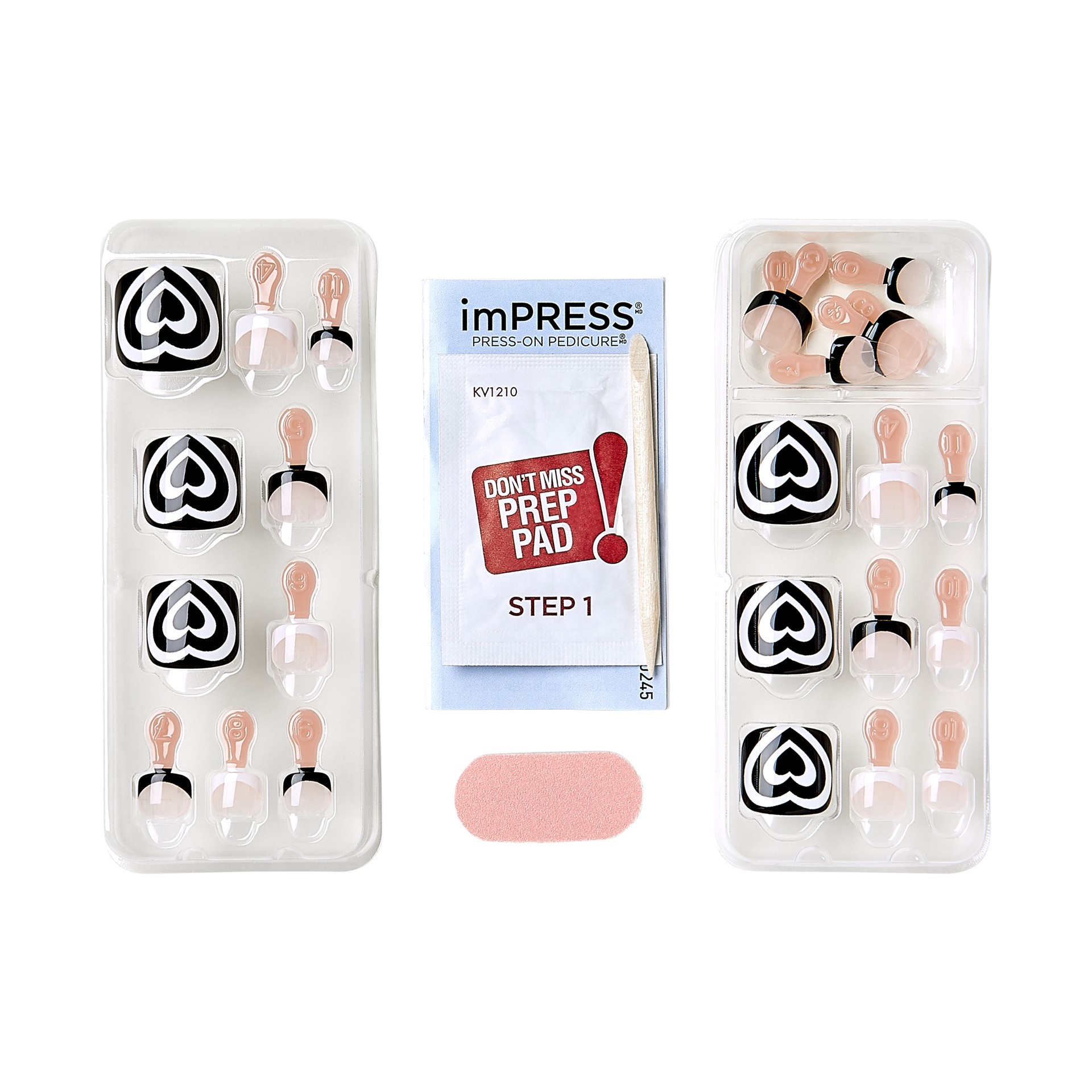 slide 3 of 5, imPRESS KISS imPRESS Press-On Toe Nails Glossy Pattern Black/ White, Short Size, Squoval Shape, 27 ct
