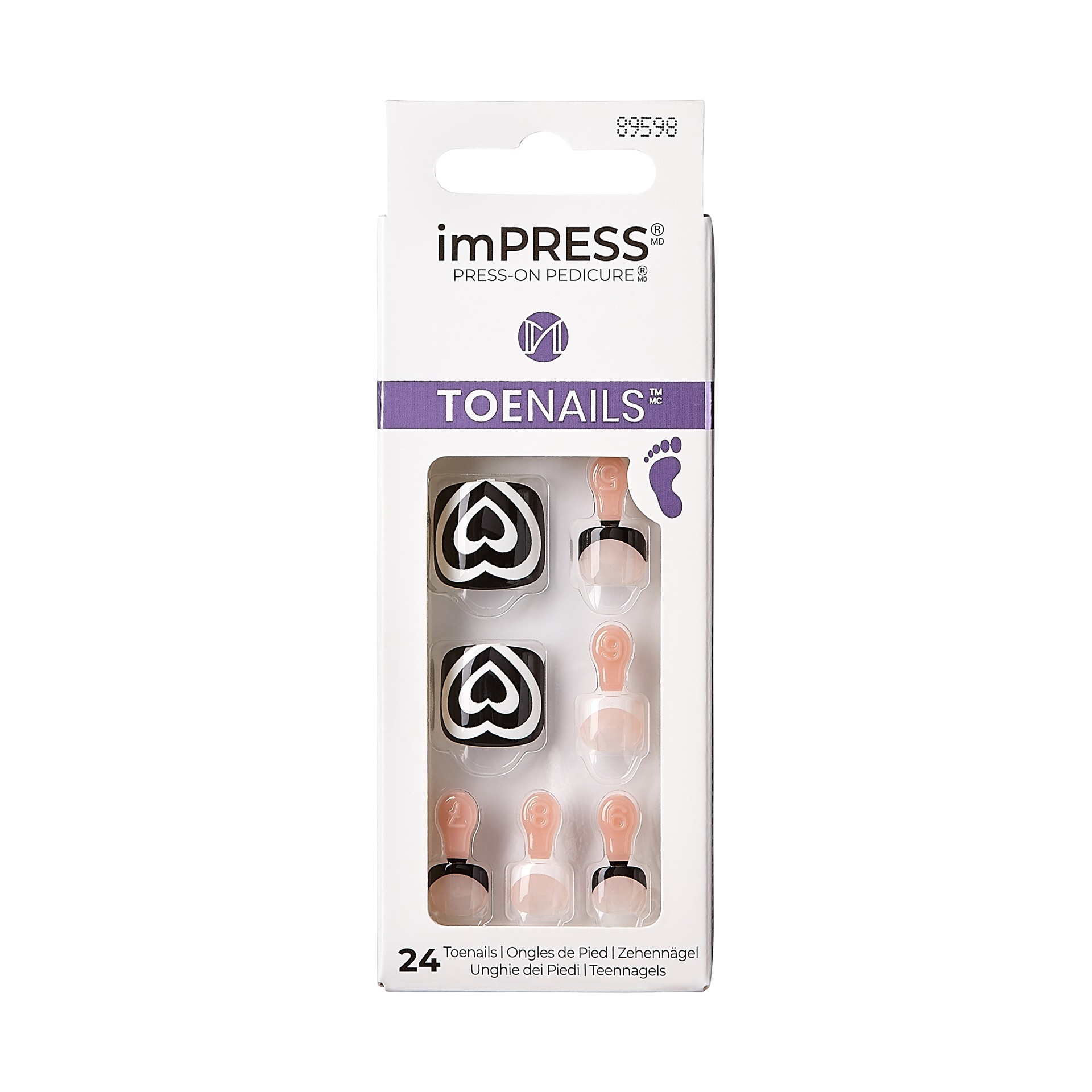 slide 1 of 5, imPRESS KISS imPRESS Press-On Toe Nails Glossy Pattern Black/ White, Short Size, Squoval Shape, 27 ct