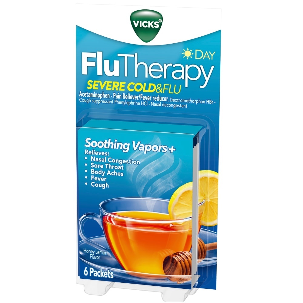 slide 1 of 1, Vicks Flu Therapy Severe Cold & Flu, Daytime, Hot Drink, Honey Lemon, 6 ct