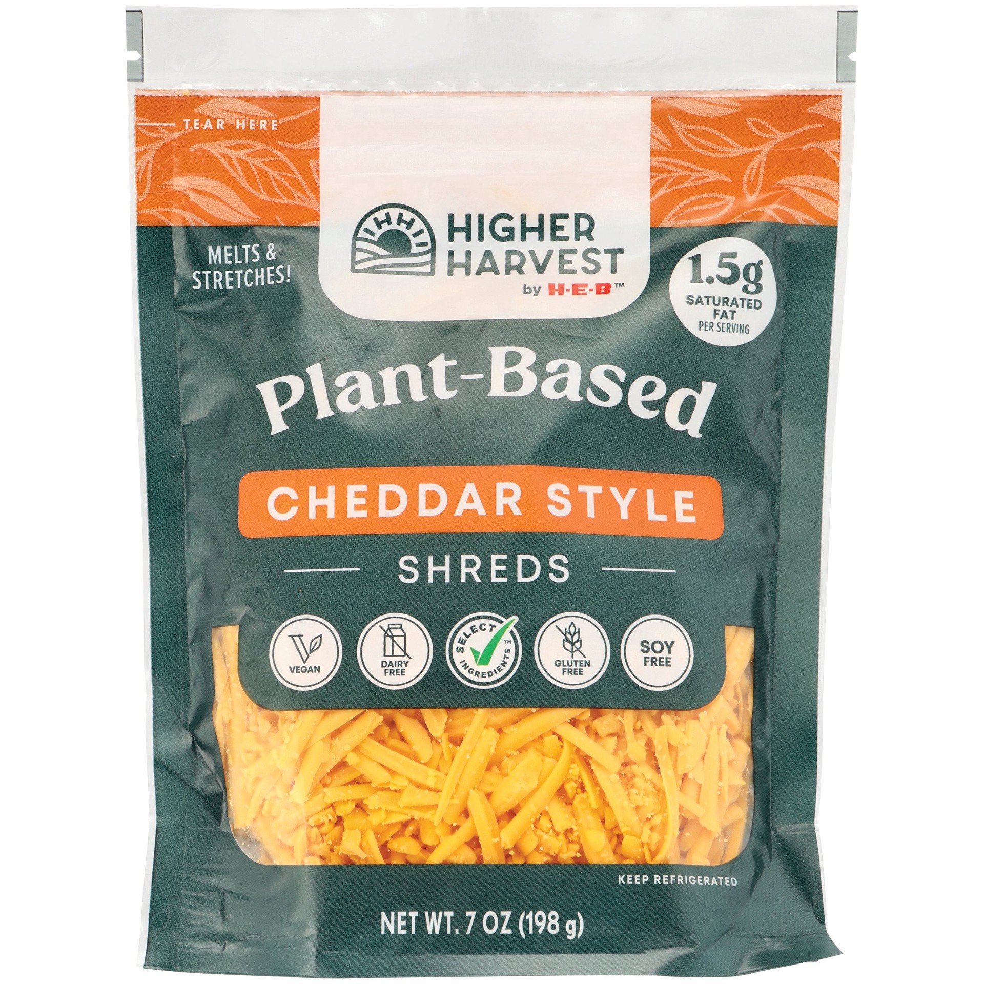 slide 1 of 1, Higher Harvest by H-E-B Plant Based Shredded Cheddar Cheese, 7 oz