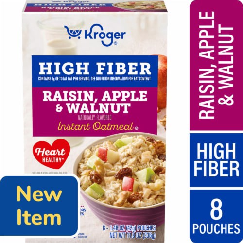 slide 1 of 1, Kroger® Raisin Apple and Walnut High Fiber Instant Oatmeal, 8 ct