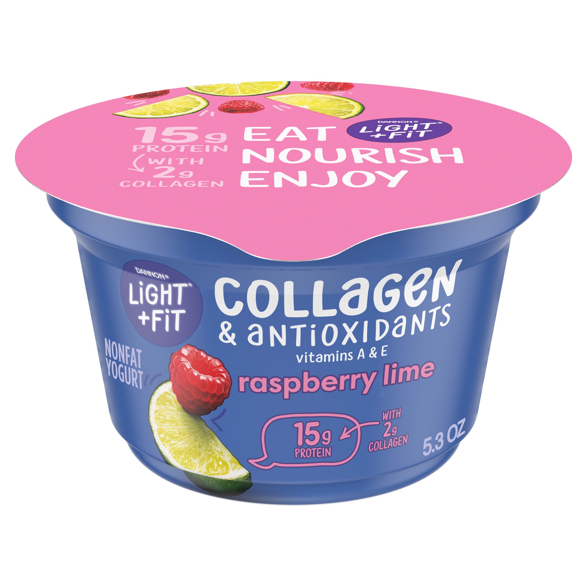 slide 1 of 10, Light + Fit Dannon Light + Fit Icelandic Style Nonfat Yogurt with Collagen & Antioxidants, Raspberry Lime, 5.3oz, 5.3 oz