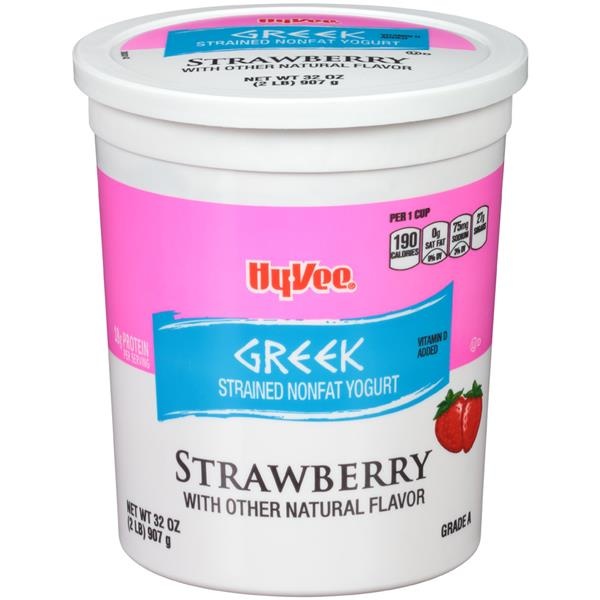 slide 1 of 1, Hy-vee Strawberry Greek Strained Nonfat Yogurt, 32 oz