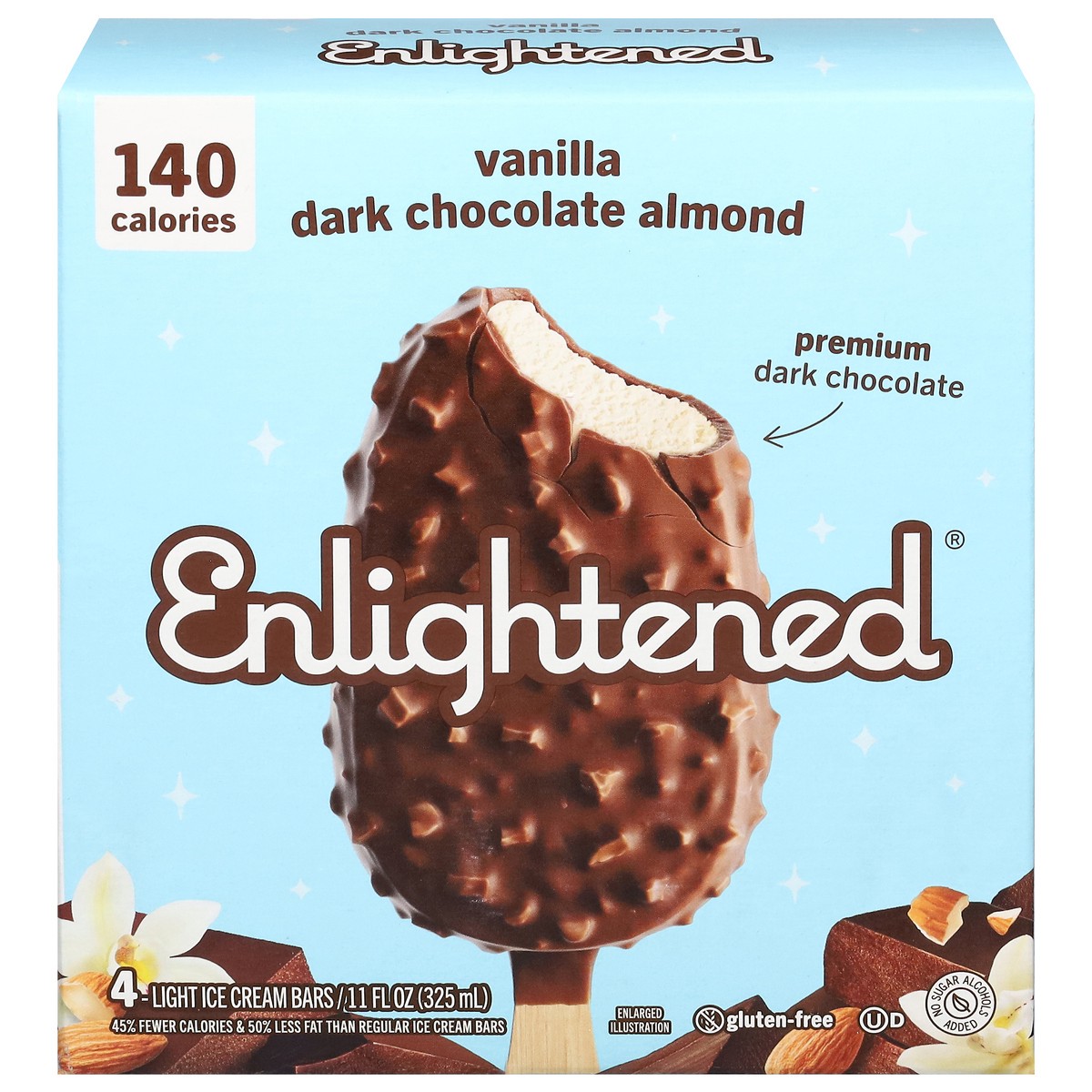 slide 1 of 9, Enlightened Light Vanilla Dark Chocolate Almond Ice Cream Bars 4 ea, 4 ct