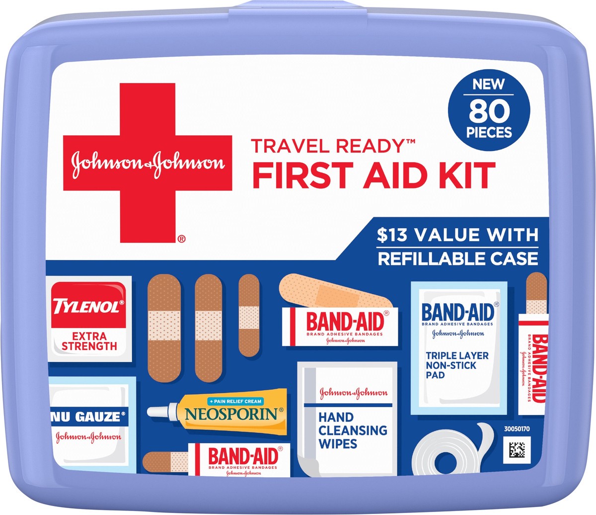 slide 3 of 7, Johnson & Johnson Travel Ready First Aid Kit, 80 Pieces, 1 ct