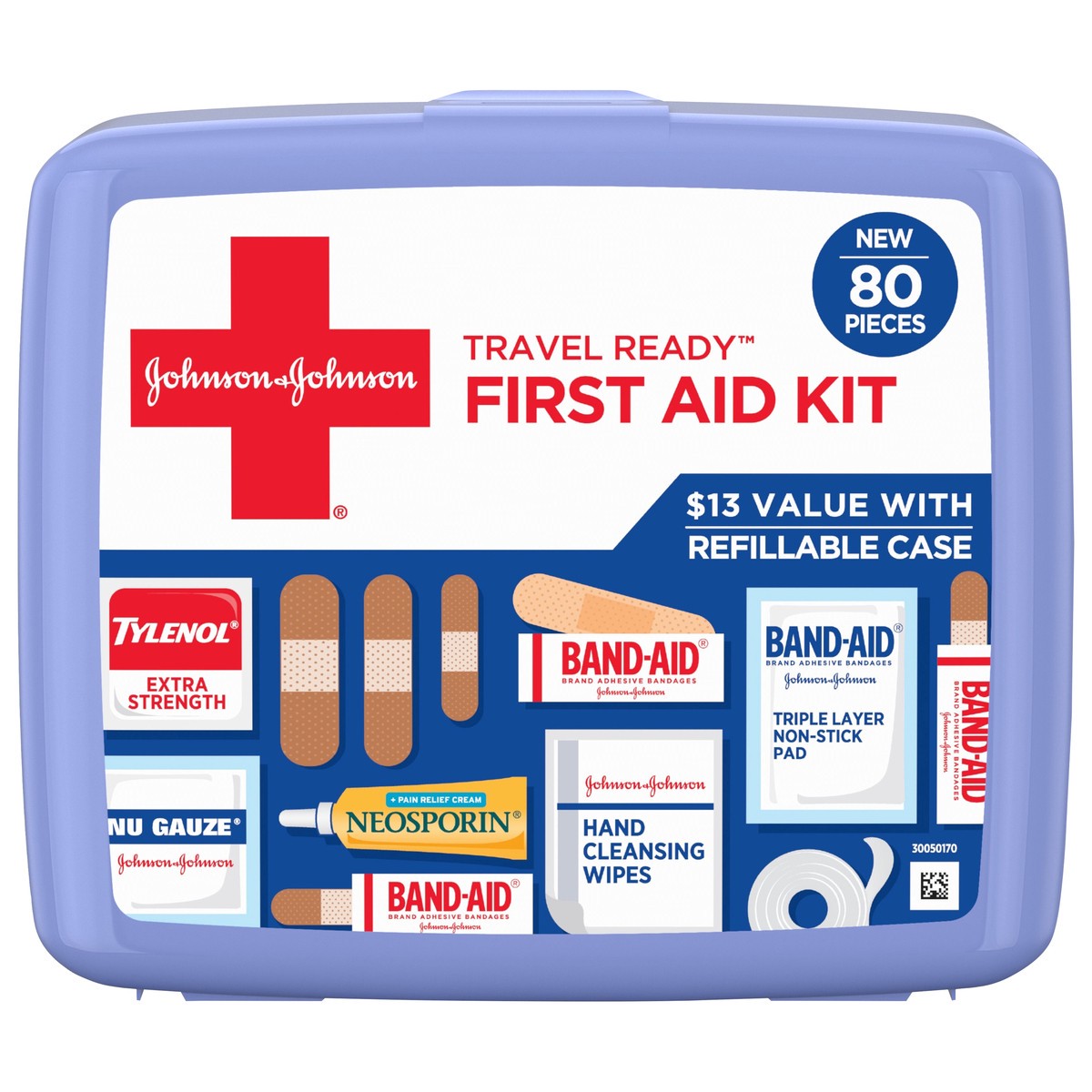 slide 1 of 7, Johnson & Johnson Travel Ready First Aid Kit, 80 Pieces, 1 ct