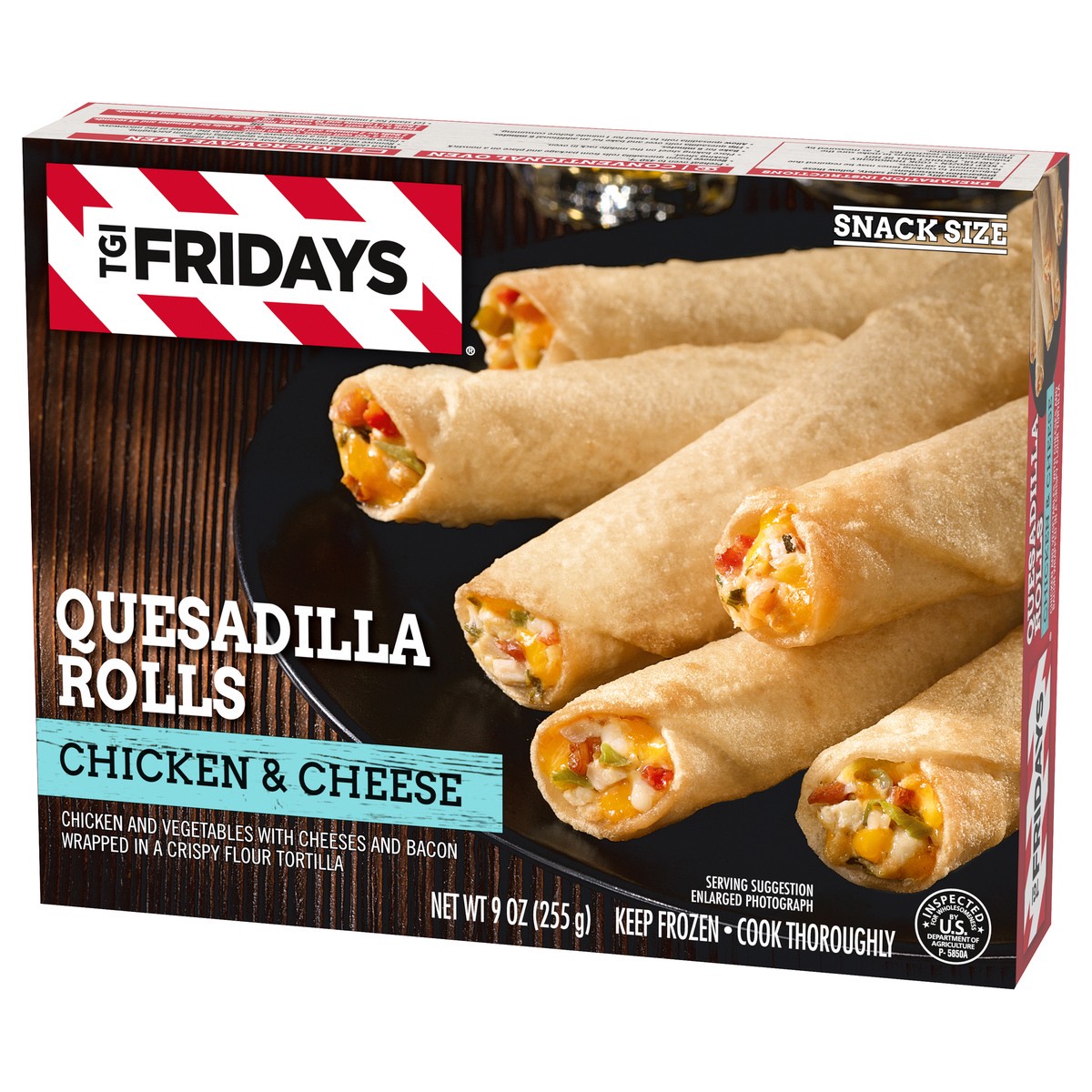 slide 9 of 10, T.G.I. Friday's Chicken & Cheese Quesadilla Rolls Frozen Snacks, 9 oz Box, 9 oz