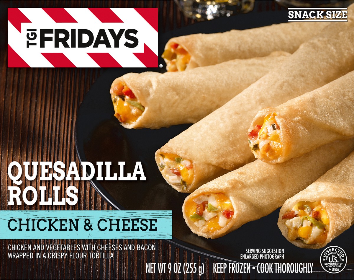 slide 2 of 10, T.G.I. Friday's Chicken & Cheese Quesadilla Rolls Frozen Snacks, 9 oz Box, 9 oz