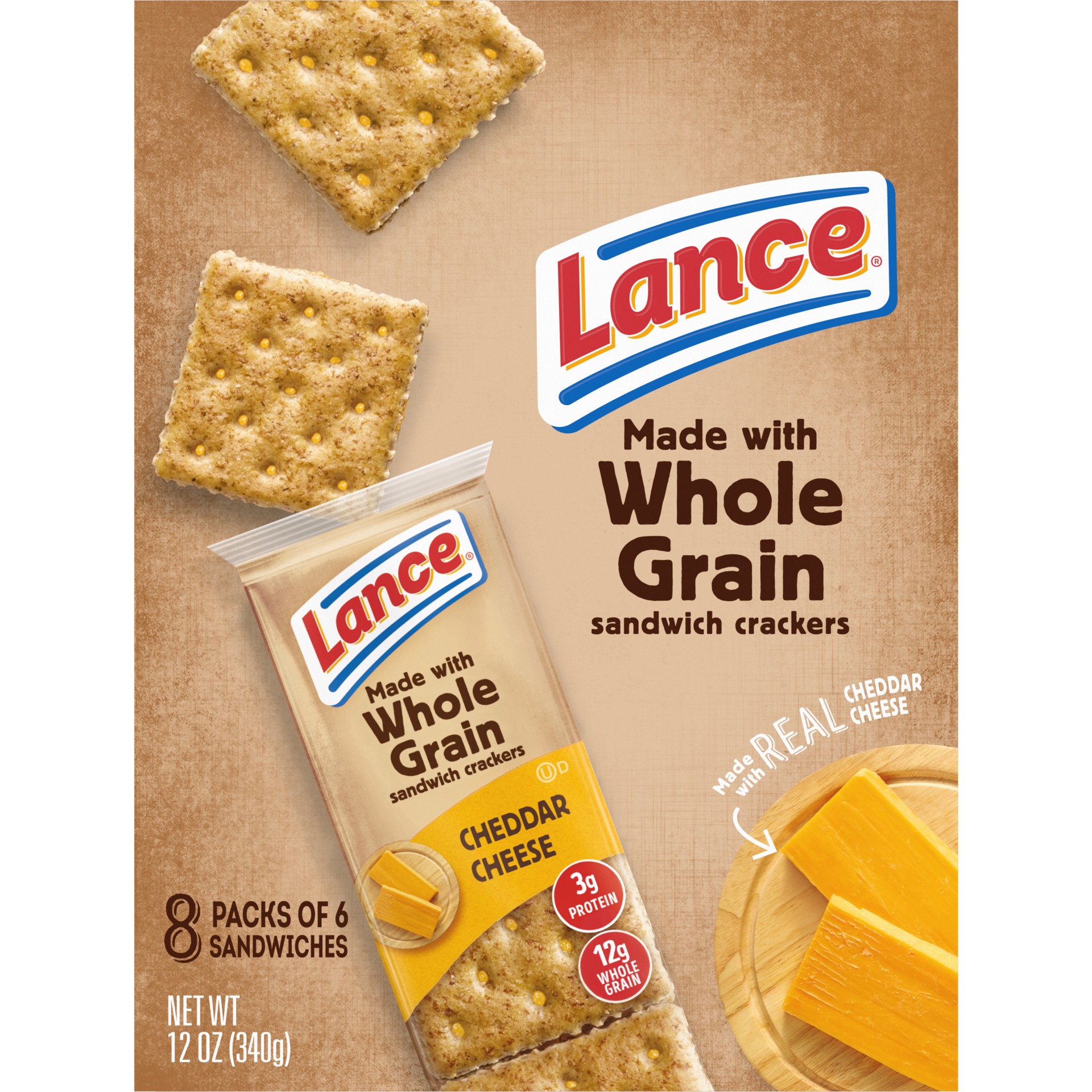 slide 4 of 9, Lance Sandwich Crackers, Made with Whole Grain Crackers, Cheddar Cheese, 8 Packs, 6 Sandwiches Each, 12 oz