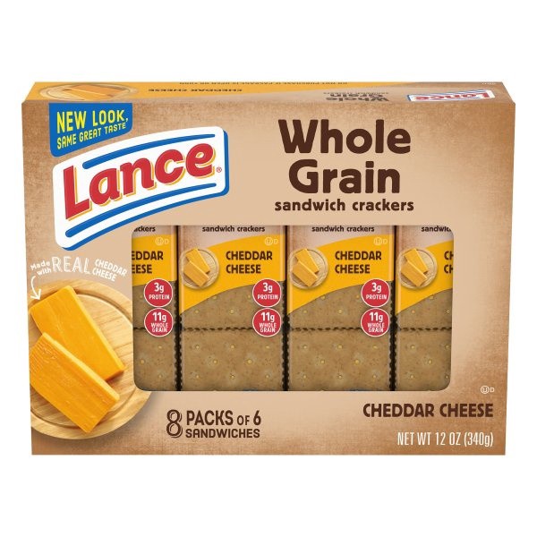 slide 1 of 9, Lance Sandwich Crackers, Made with Whole Grain Crackers, Cheddar Cheese, 8 Packs, 6 Sandwiches Each, 12 oz