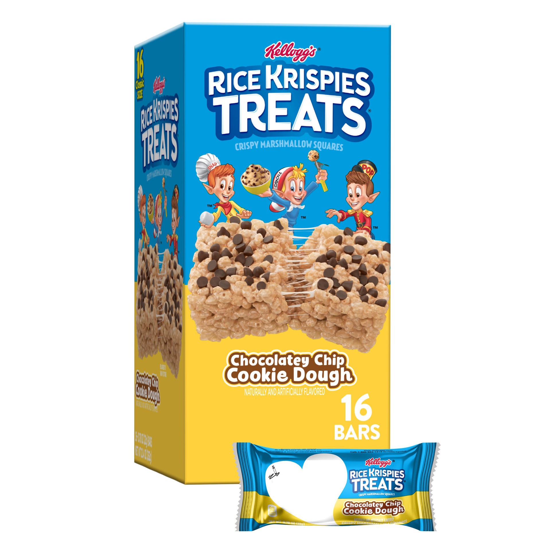 slide 1 of 9, Rice Krispies Treats Kellogg's Rice Krispies Treats Marshmallow Snack Bars, Chocolatey Chip Cookie Dough, 12.4 oz, 16 Count, 12.4 oz