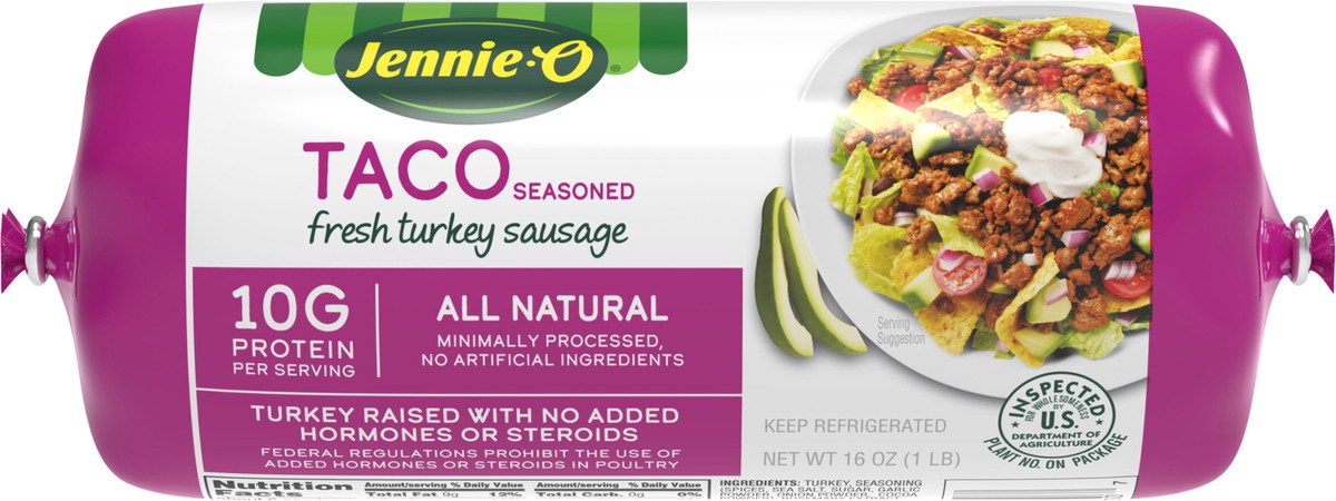 slide 3 of 13, JENNIE-O Taco Seasoned Ground Turkey Sausage - 1 lb. chub, 16 oz