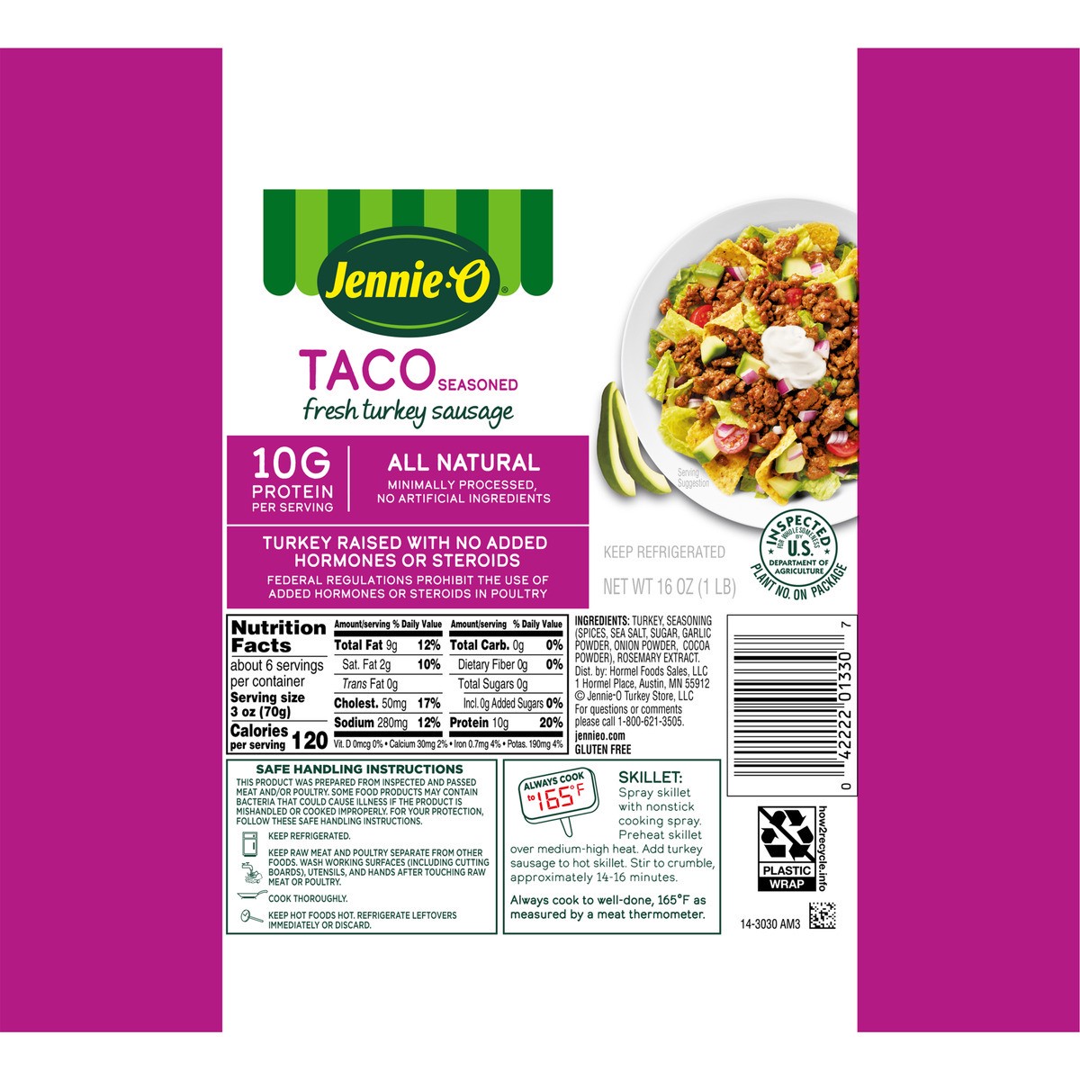 slide 10 of 13, JENNIE-O Taco Seasoned Ground Turkey Sausage - 1 lb. chub, 16 oz