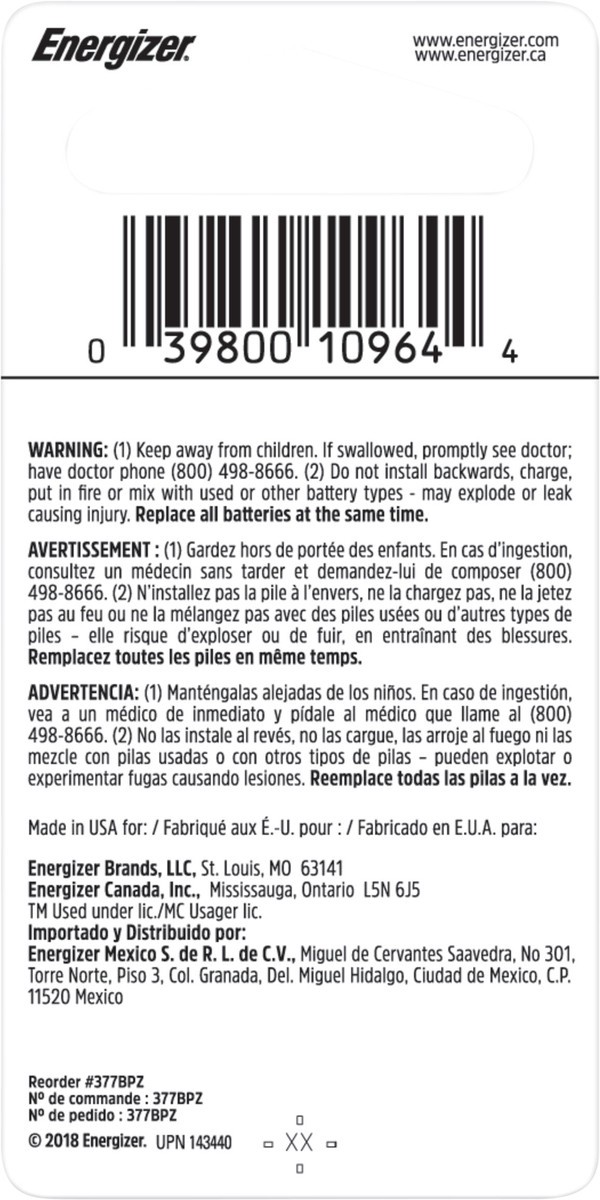 slide 3 of 3, Energizer 377 Batteries (1 Pack), 1.5V Silver Oxide Button Cell Batteries, 1 ct