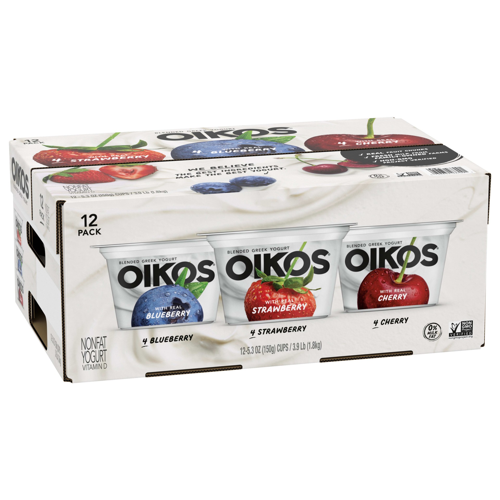 slide 4 of 5, Oikos Blended Greek Nonfat Yogurt, Variety Pack, Blueberry/Strawberry/Cherry, 5.3 oz., 12 Pack, 5.3 oz