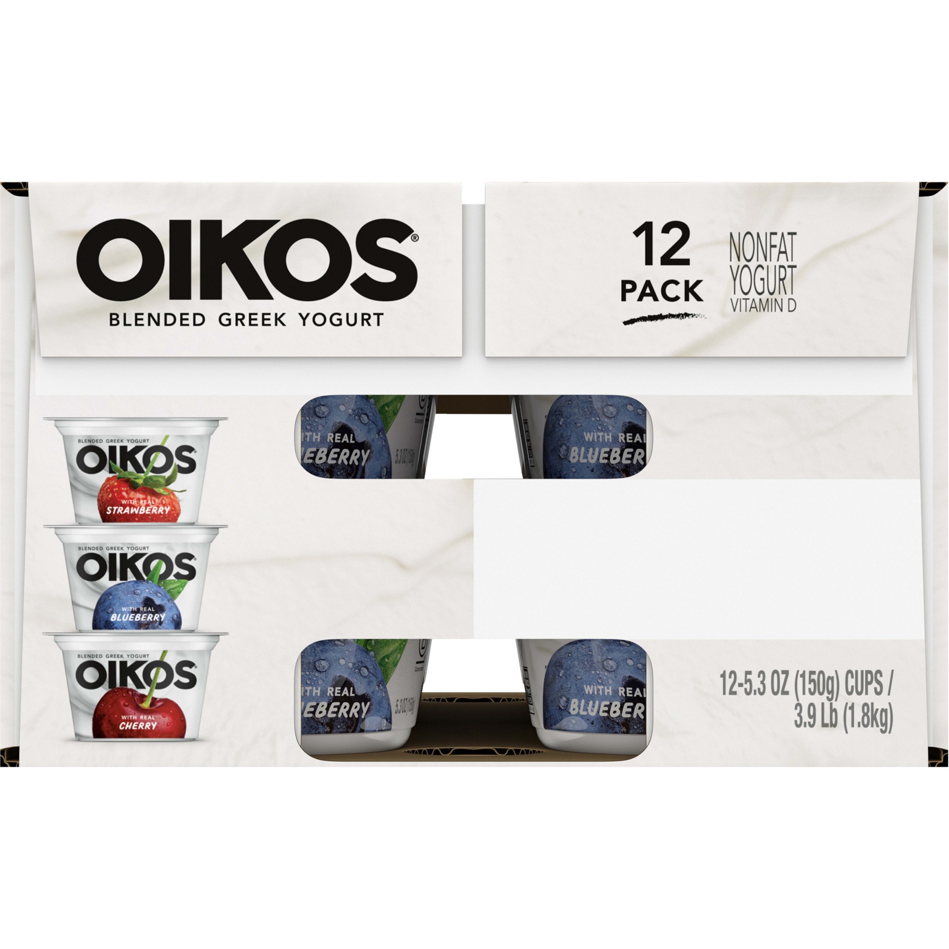 slide 2 of 5, Oikos Blended Greek Nonfat Yogurt, Variety Pack, Blueberry/Strawberry/Cherry, 5.3 oz., 12 Pack, 5.3 oz