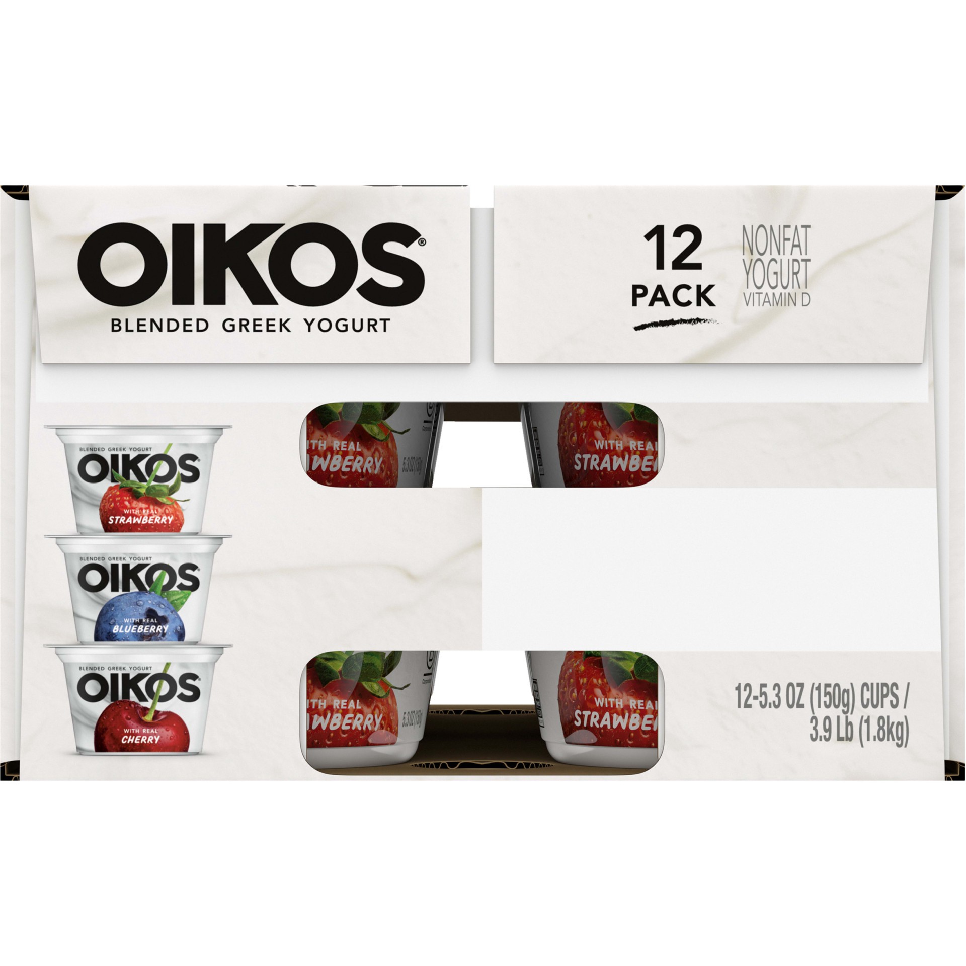 slide 3 of 5, Oikos Blended Greek Nonfat Yogurt, Variety Pack, Blueberry/Strawberry/Cherry, 5.3 oz., 12 Pack, 5.3 oz