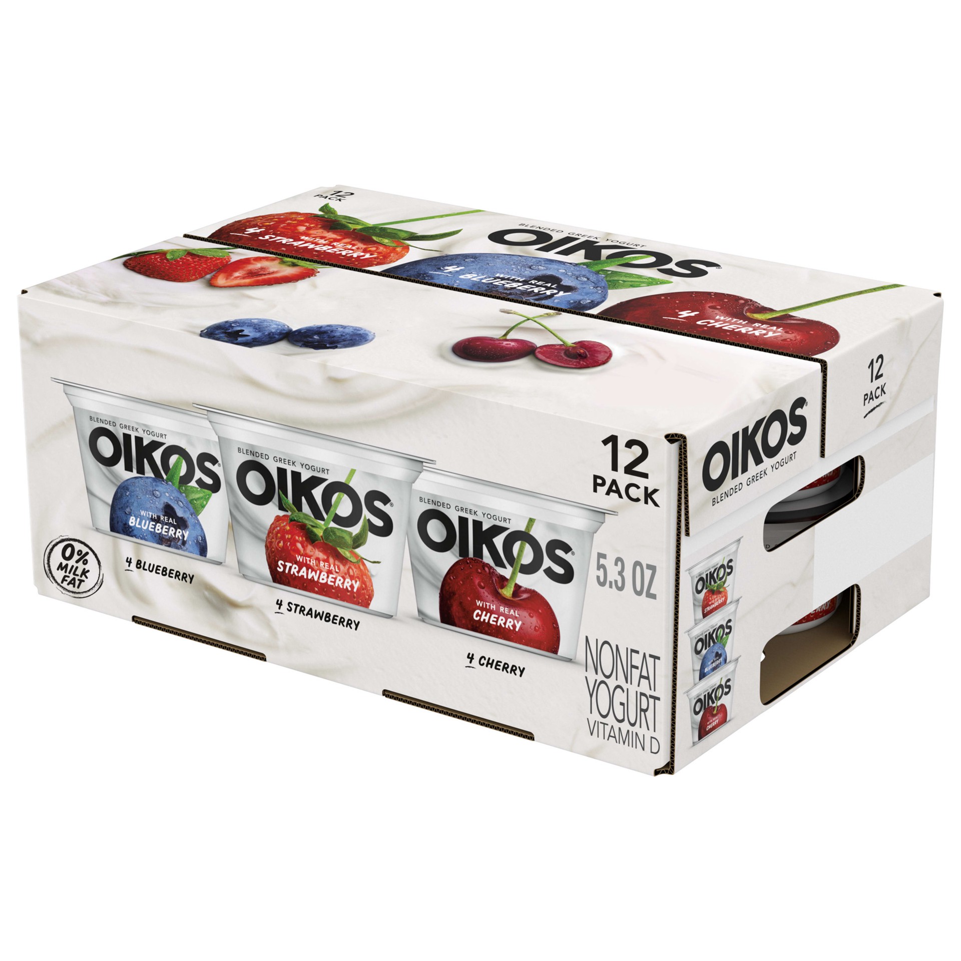 slide 1 of 5, Oikos Blended Greek Nonfat Yogurt, Variety Pack, Blueberry/Strawberry/Cherry, 5.3 oz., 12 Pack, 5.3 oz