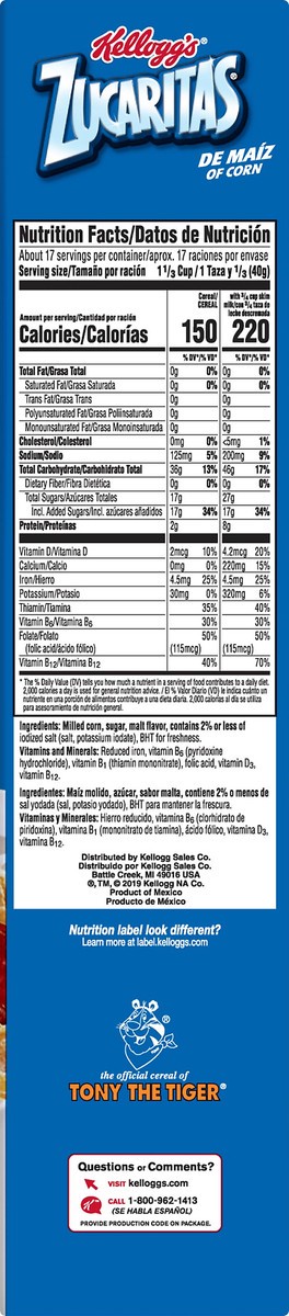 slide 7 of 7, Zucaritas Kellogg's Zucaritas Cold Breakfast Cereal, 6 Vitamins and Minerals, Kids Snacks, Original, 25oz Box, 1 Box, 25 oz