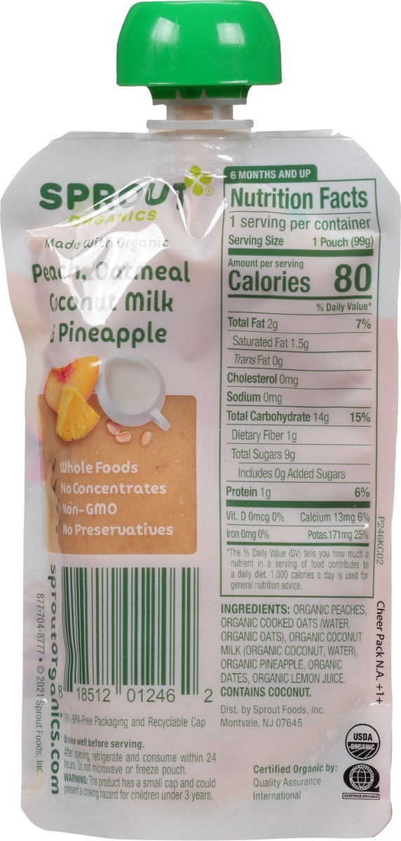 slide 5 of 9, Sprout Organic Foods Peach Oatmeal with Coconut Milk Pineapple, 3.5 oz