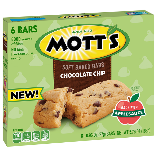 slide 1 of 1, Mott's Soft Baked Bars, Chocolate Chip, 6-0.96 Oz Bars, 5.76 oz