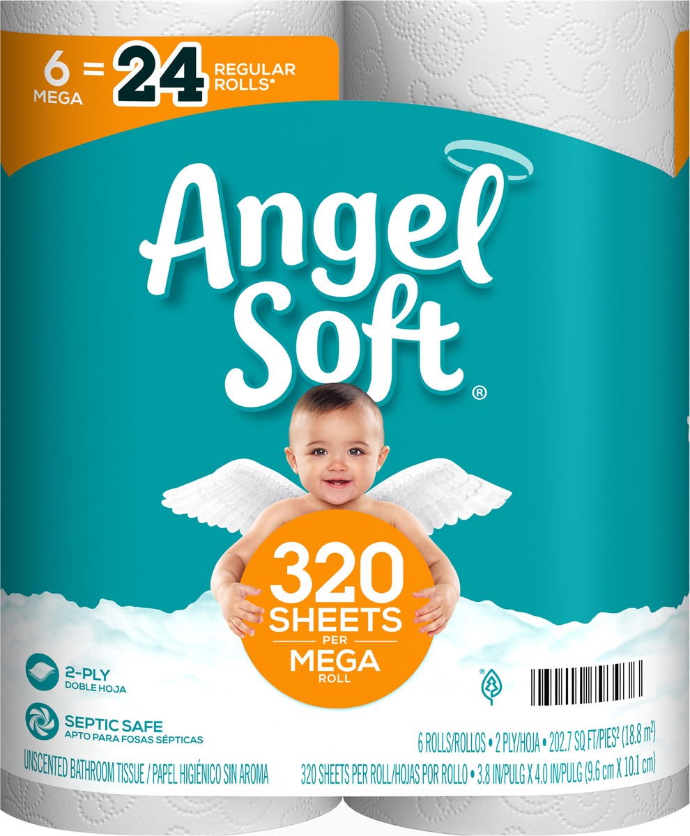 slide 5 of 5, Angel Soft 2-Ply Mega Rolls Unscented Bathroom Tissue 6 ea, 6 ct