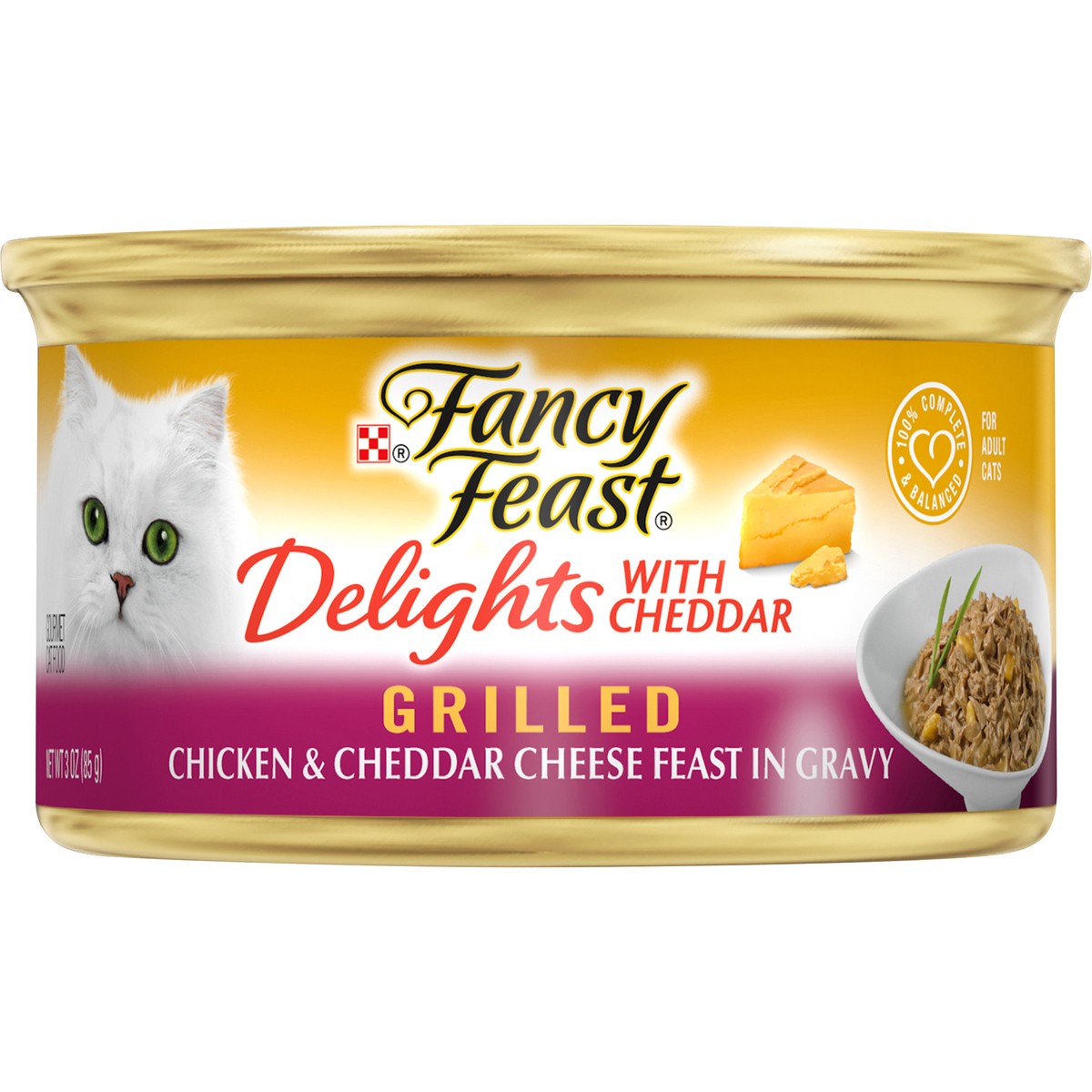 slide 2 of 3, Fancy Feast Purina Fancy Feast Grilled Gravy Wet Cat Food, Delights Grilled Chicken & Cheddar Cheese Feast, 3 oz