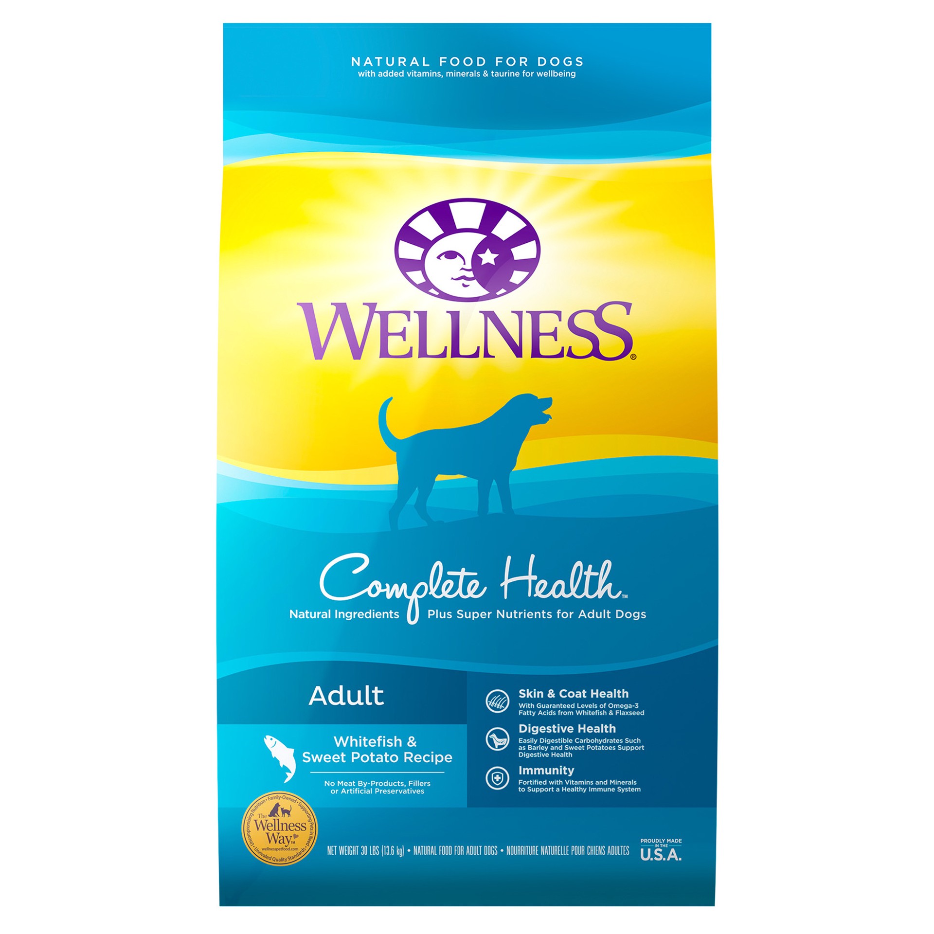 slide 1 of 5, Wellness Complete Health Natural Dry Dog Food, Whitefish & Sweet Potato, 30-Pound Bag, 1 PK